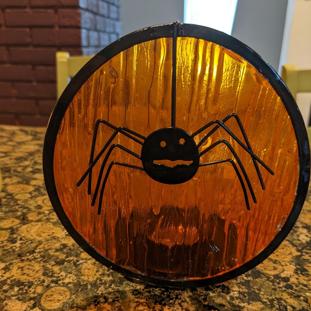 Yankee Candle Orange Glass Metal Spider Halloween Votive Tealight Candle Holder